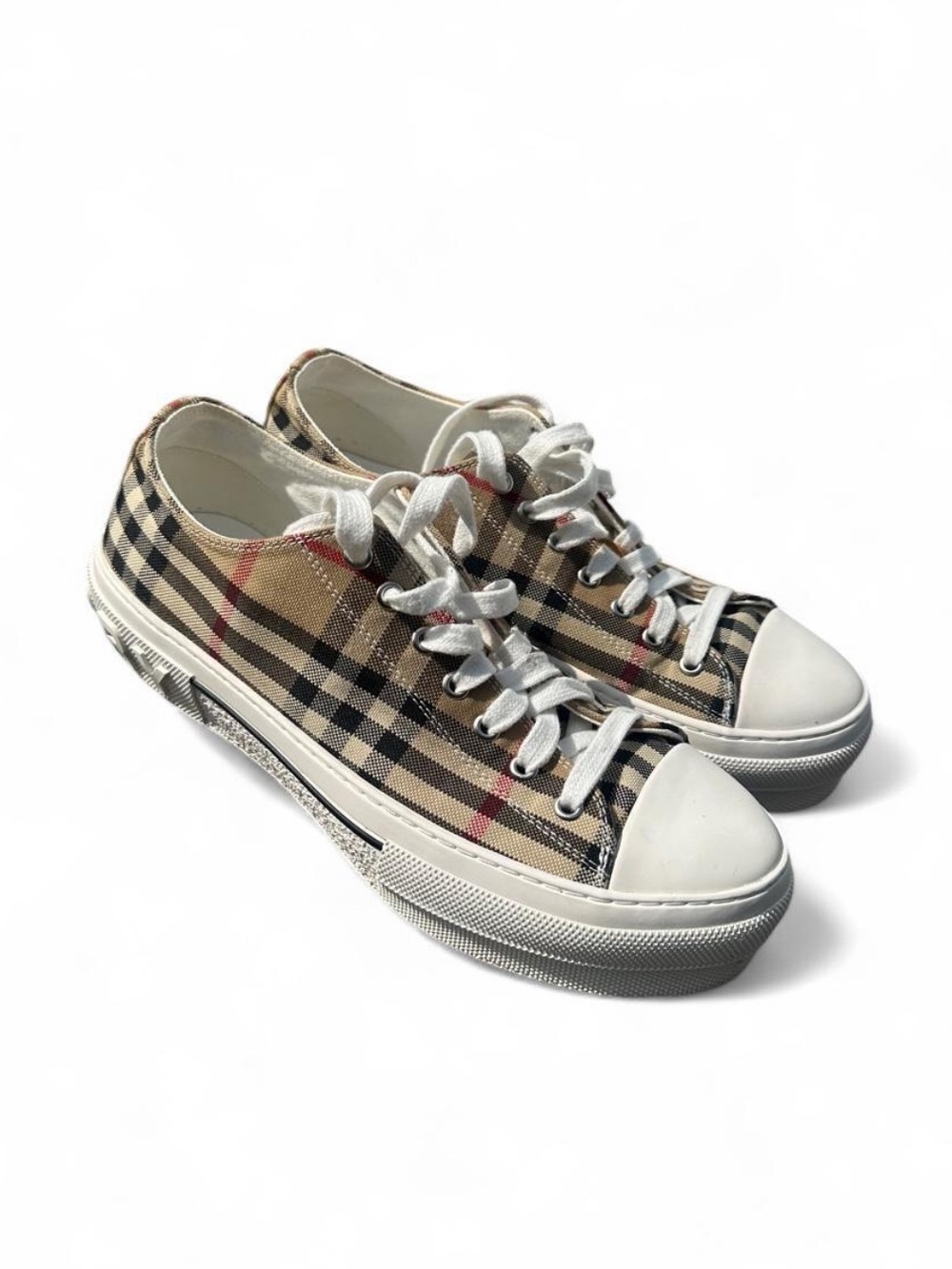 Burberry Jack Vintage Check Cotton Canvas Low Top Sneakers Raised Logo Sole